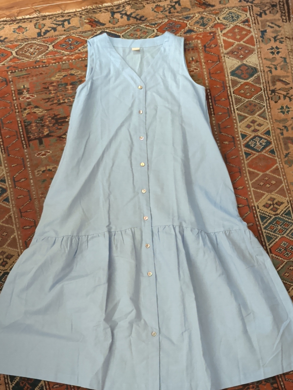Sleeveless Light Blue Button-Front Linen Dress